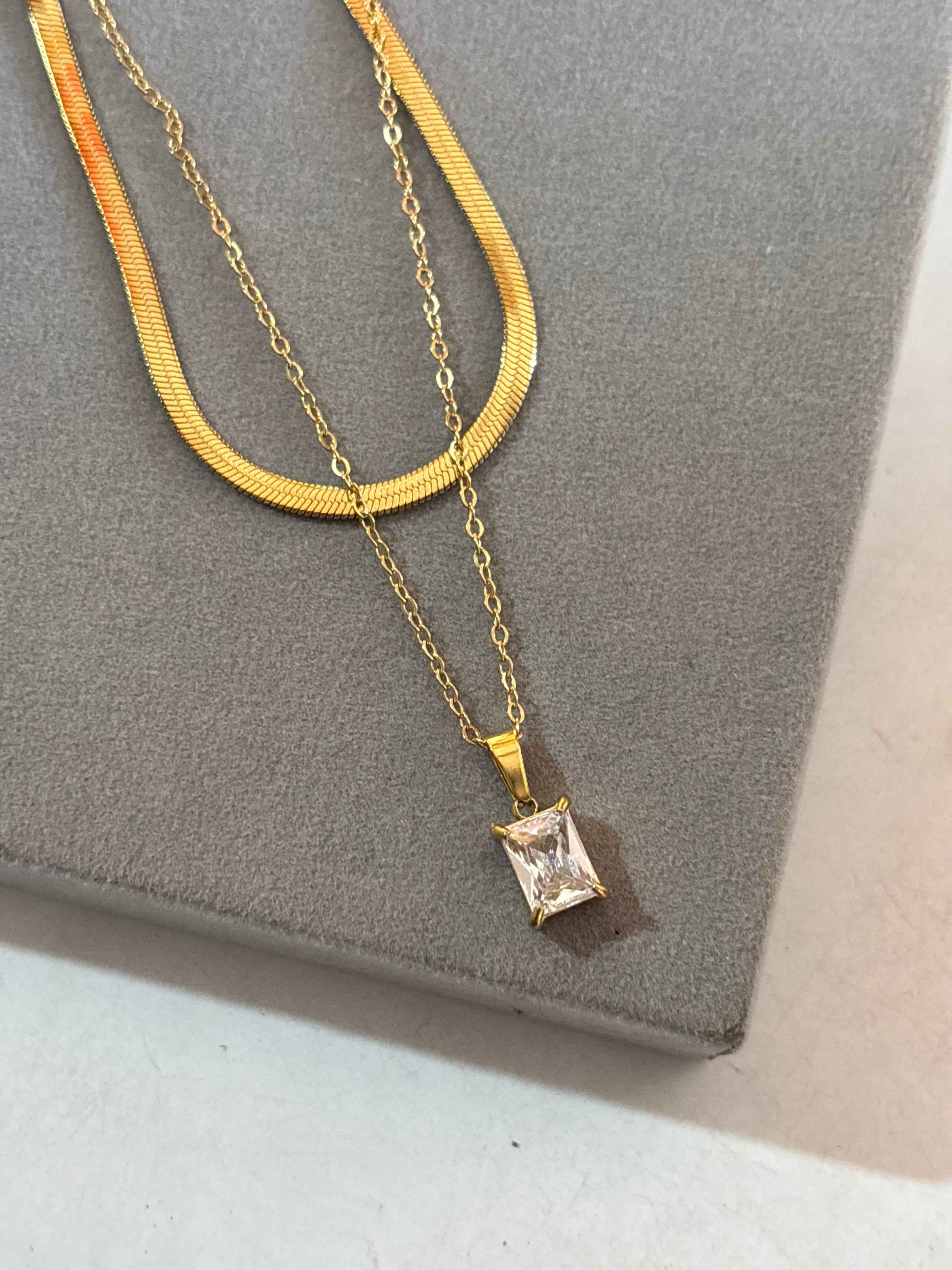 Snake chain with rectangular solitaire double layer necklace